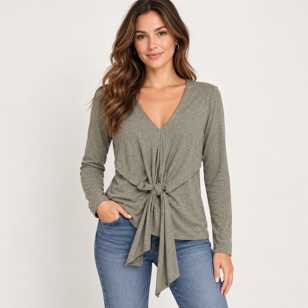 Lafayette 148 Olive Green Tie-Front Top Women's Small Quiet Luxury Capsule Chic